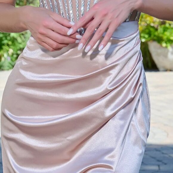 New Soft Satin Prom Gown w/ Rhinestones Embellishments & Gathered Wasit GL3798 - Picture 7 of 12